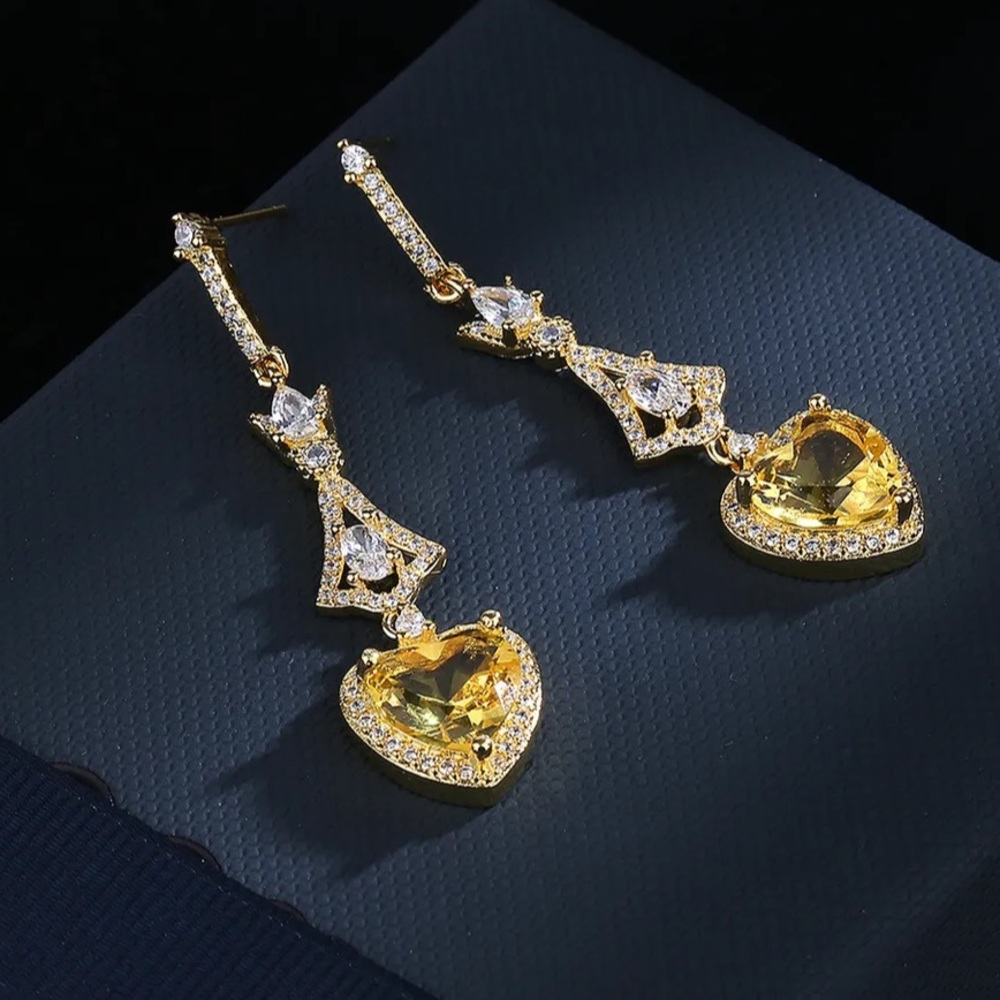 New 18k Yellow Gold Plated 925 Silver White Sapphire Citrine Heart Drops - Picture 3 of 5